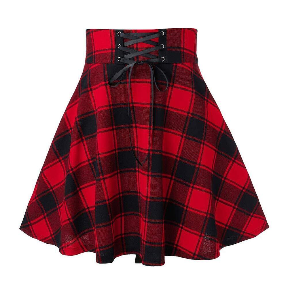 7777 Plus Size Skirts High Waist Lace Up Goth Skirts Mini Plaid SkirtsPlaid